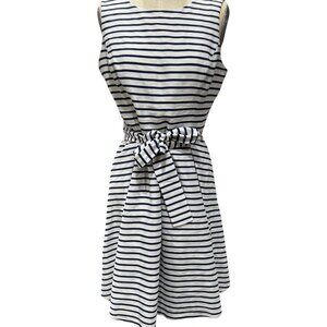 Nine West White Blue Striped Pleated Fit & Flare Dress – Nautical Preppy Style –